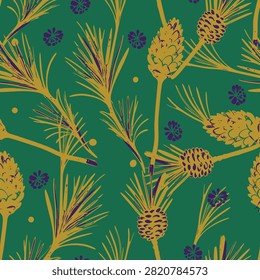 Botanical seamless pattern featuring Pinus densiflora pine needles and cones on green background. Vintage style vector illustration.