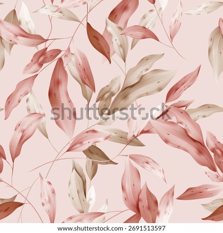 Botanical seamless pattern featuring watercolor-inspired style of intertwining brown and red leaves and branches on a soft pink background