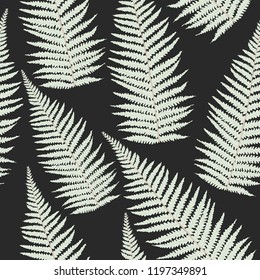Botanical seamless pattern with fern leaves in pastel colors. Modern vector texture on dark background. Good for fashion prints and other design. Natural hand drawing illustration. Retro style