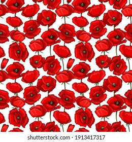 Botanical seamless pattern. The field is covered with red poppies. Flowers in different positions. Objects are isolated on a white background. Cute doodle style.