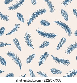 Botanical seamless pattern with fir branches and cones. Blue and White. Forest background for packaging, textiles, wallpaper. Vector christmas illustration. Blue and White. Sketch. 