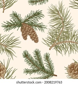 Botanical seamless pattern with fir and pine branches and cones. Christmas background. Winter print with conifers and evergreens for wallpaper, gift paper. Vector illustration. Vintage green.