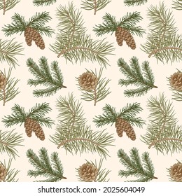 Botanical seamless pattern with fir and pine branches and cones. Christmas background. Winter print with conifers and evergreens. Vector illustration. Vintage color.