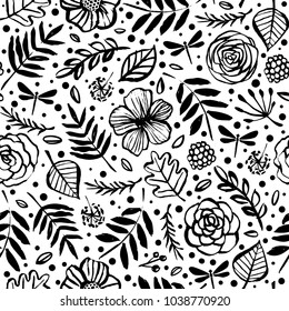 Botanical seamless pattern with flowers, branches, leaves, and dragonfly. Hand drawn design elements. Vector illustration.