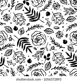 Botanical seamless pattern with flowers, branches, leaves, and berries. Hand drawn design elements. Vector illustration.