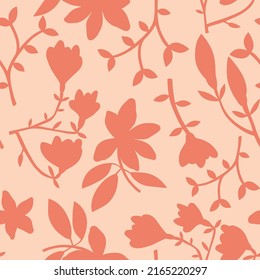 Botanical seamless pattern. Flowers and buds of simple abstract shape on branches with leaves. Hand drawn natural elements. Vector