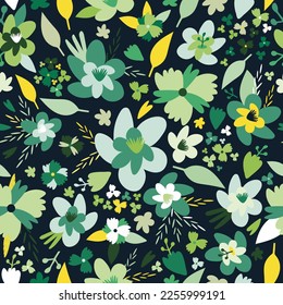 Botanical seamless pattern with flowers and leaves on a dark green background. Vector ornament for wrapping paper, fashion fabrics, home decor, cards. Cute design in fashion trend colors. 