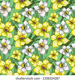 Botanical seamless pattern with flowers of Narcissus, Daffodils, jonquil. Hand drawn colorful sketch. Template for textile floral design.