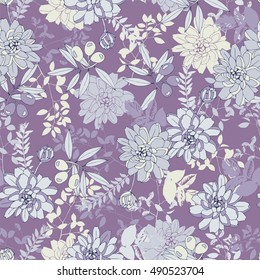Botanical seamless pattern with flowers and olives.