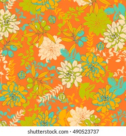 Botanical seamless pattern with flowers and olives.