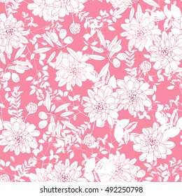 Botanical seamless pattern with flowers and olives.