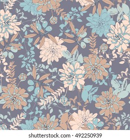 Botanical seamless pattern with flowers and olives.