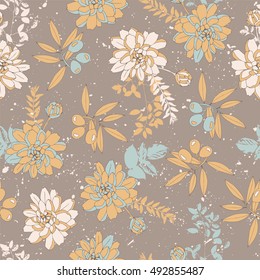 Botanical seamless pattern with flowers and olives.