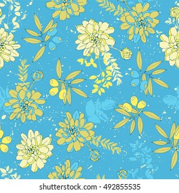 Botanical seamless pattern with flowers and olives.