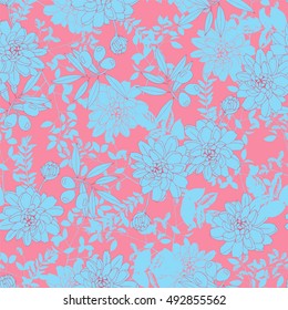 Botanical seamless pattern with flowers and olives.
