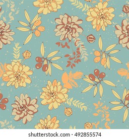Botanical seamless pattern with flowers and olives.