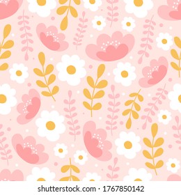 Botanical seamless pattern with  flowers on pastel pink background. Leaves and flowers wallpapers. Florals background.