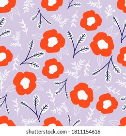 Botanical seamless pattern with  flowers on pastel pink background. Leaves and flowers wallpapers. Florals background.