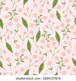 Botanical seamless pattern with  flowers on pastel pink background. Leaves and flowers wallpapers. Florals background.