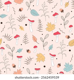 botanical seamless pattern with fly agaric mushrooms and autumn leaves