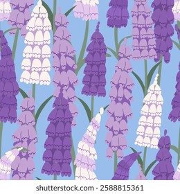 Botanical seamless pattern with foxglove flowers. Vector flat spring floral background 