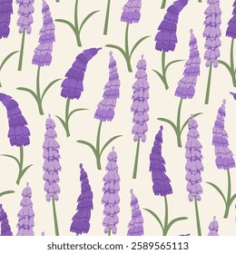 Botanical seamless pattern with foxglove flowers. Vector flat spring floral background