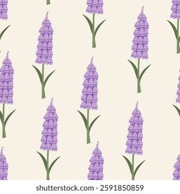 Botanical seamless pattern with foxglove flowers. Vector flat spring floral background