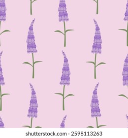 Botanical seamless pattern with foxglove flowers. Vector flat spring floral background