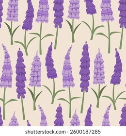 Botanical seamless pattern with foxglove flowers. Vector flat spring floral background