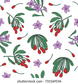 Botanical seamless pattern with fresh goji red berries and purple flowers on white background. Healthy organic superfood. Natural vector illustration for textile print, wallpaper, wrapping paper.