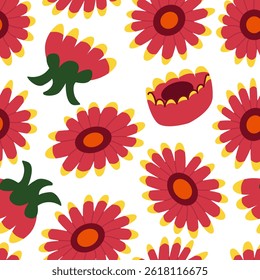 Botanical seamless pattern with gaillardia flowers. Floral buds and petals. Vector flat background	