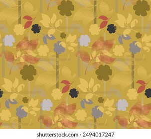 Botanical seamless pattern with geometric shapes mixed with brush strokes texture. Exotic branches and leaves. Floral background made of herbal petals and leaves for fashion, textile and fabric. 