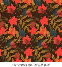 Botanical seamless pattern with geometric shapes mixed with brush strokes texture. Exotic branches and leaves. Floral background made of herbal petals and leaves for fashion, textile and fabric.