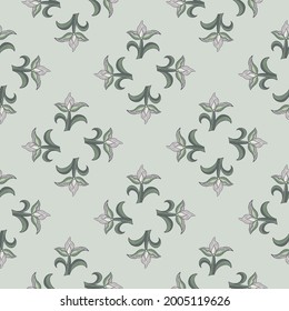 Botanical seamless pattern in geometric style with simple tulip flowers shapes. Blue background. Graphic design for wrapping paper and fabric textures. Vector Illustration.
