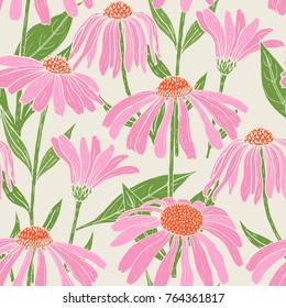 Botanical seamless pattern with gorgeous echinacea flowers, stems and leaves on light background. Backdrop with pink flowering plants hand drawn in vintage style. Natural vector illustration.