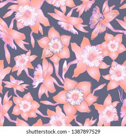 Botanical seamless pattern with gradient color hand drawn flowers on grey background. 