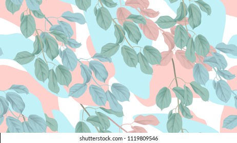 Botanical seamless pattern, green, blue and pink leaves with abstract shapes on white background