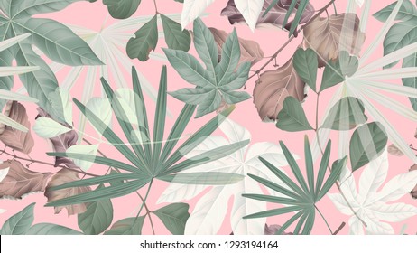 Botanical seamless pattern, green, brown and white tropical leaves on pink, pastel vintage theme