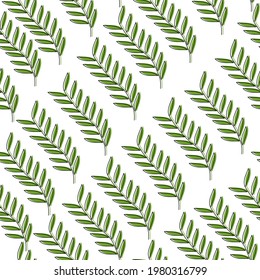 Botanical seamless pattern of green doodle twigs with leaves arranged in diagonal rows on a white background vector illustration
