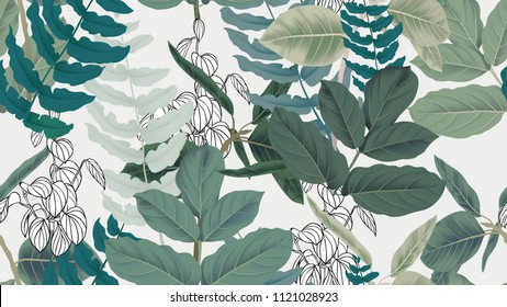 Botanical Seamless Pattern, Green Leaves On Light Gray Background