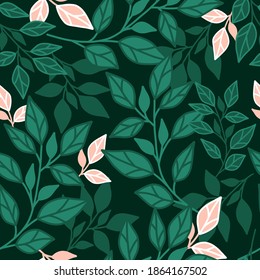 Botanisches nahtloses Muster mit grünen Blättern auf dunklem Hintergrund. Blätter und Blumenhintergründe. floraler Hintergrund.