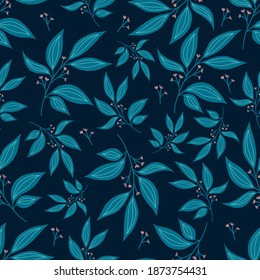 Botanical seamless pattern with green leaves on dark background. Leaves and flowers wallpapers. Florals background.