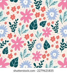 Botanical seamless pattern with green leaves and yellow flowers on pastel pink background. Leaves and flowers wallpapers. Florals background.