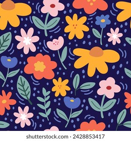 Botanical seamless pattern with green leaves and yellow flowers on pastel pink background. Leaves and flowers wallpapers. Florals background.