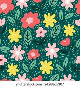 Botanical seamless pattern with green leaves and yellow flowers on pastel pink background. Leaves and flowers wallpapers. Florals background.