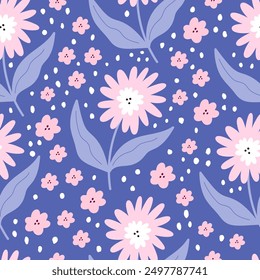 Botanical seamless pattern with green leaves and yellow flowers on pastel pink background. Leaves and flowers wallpapers. Florals background.