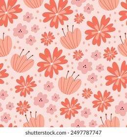 Botanical seamless pattern with green leaves and yellow flowers on pastel pink background. Leaves and flowers wallpapers. Florals background.