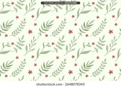 Patrón botánico sin fisuras con hojas verdes y flores rojas - fondo de la naturaleza pastel