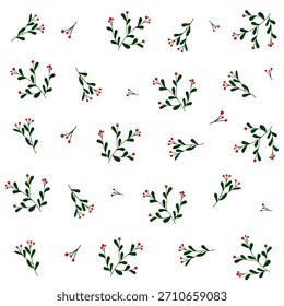 Patrón botánico sin fisuras con hojas verdes y bayas rojas. Diseño de repetición floral natural para Navidades y proyectos cotidianos. PNG con fondo transparente.