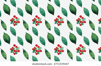 Botanisches nahtloses Muster mit grünen Blättern und roten Beeren. Ideal für Verpackungen, Textilien, Schreibwaren, Branding und Öko-Design.	